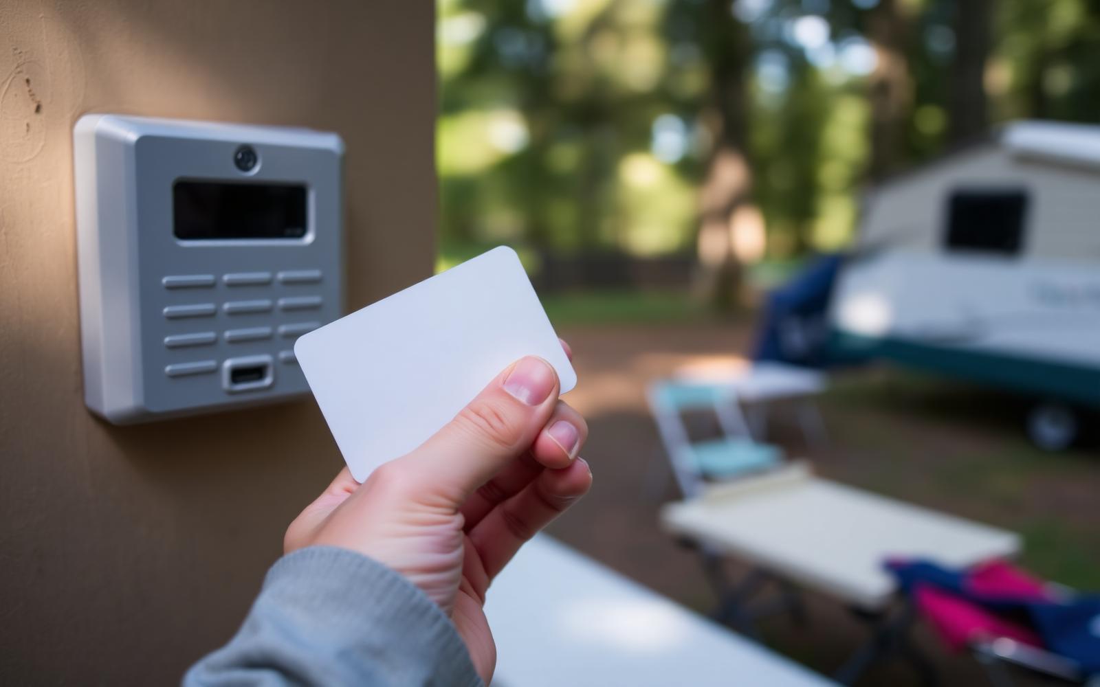 Una mano avvicina una card RFID a un lettore murale