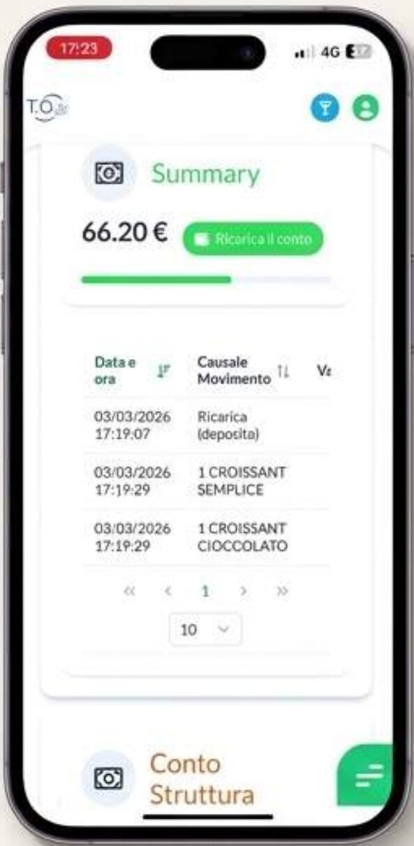 Schermata TO Banking con saldo e movimenti del conto
