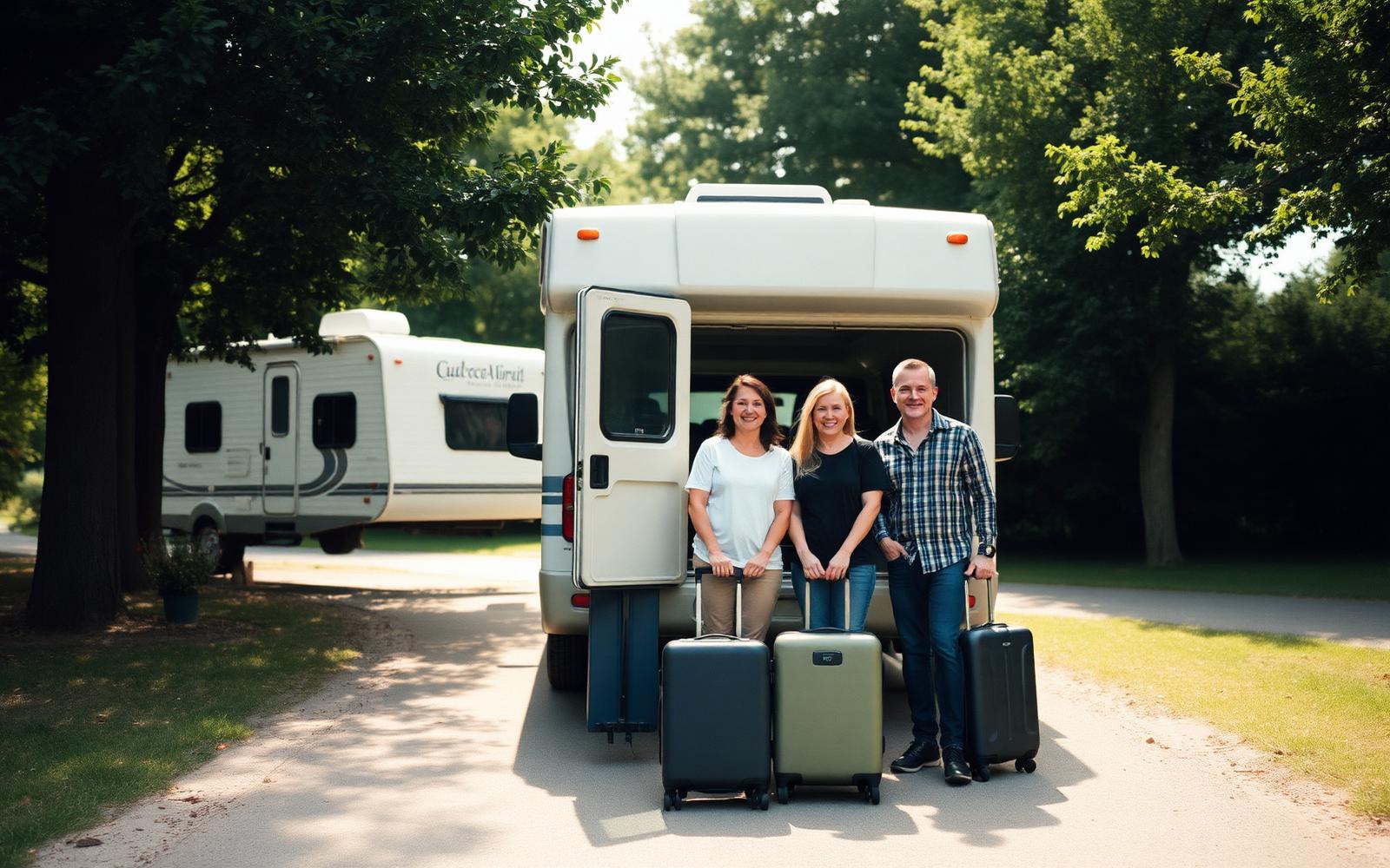 Famiglia sorridente accanto al proprio camper all'ingresso di un campeggio