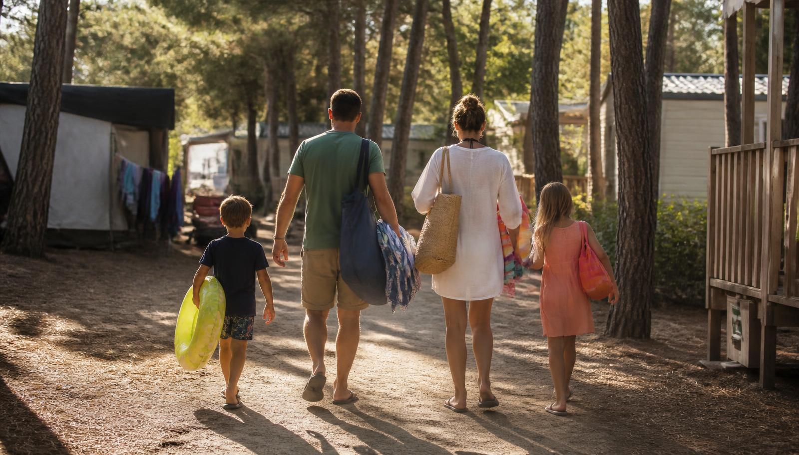 Una famiglia rientra nel campeggio dalla spiaggia nel tardo pomeriggio