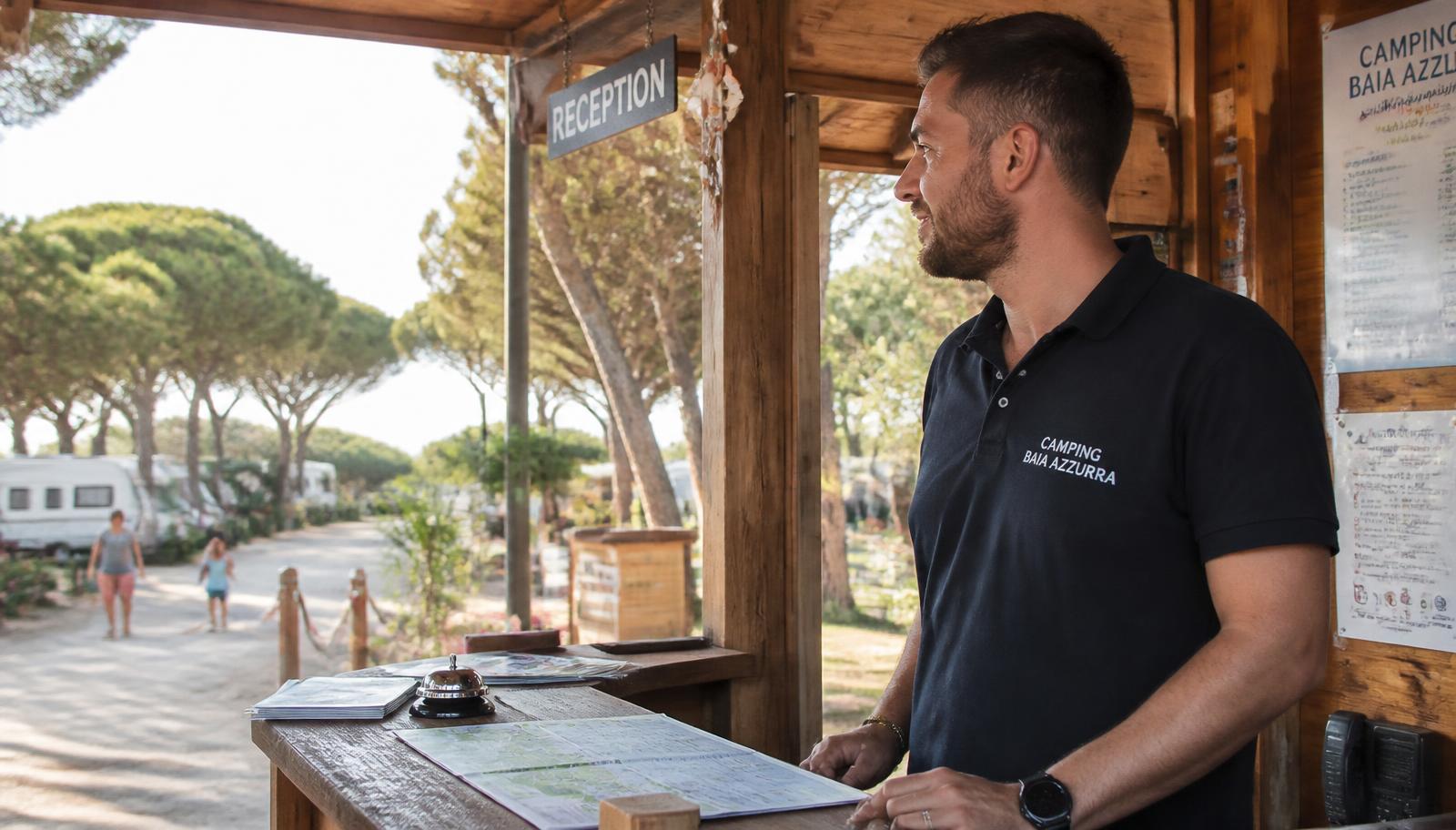 Gestore alla reception di una struttura turistica mentre accoglie un ospite