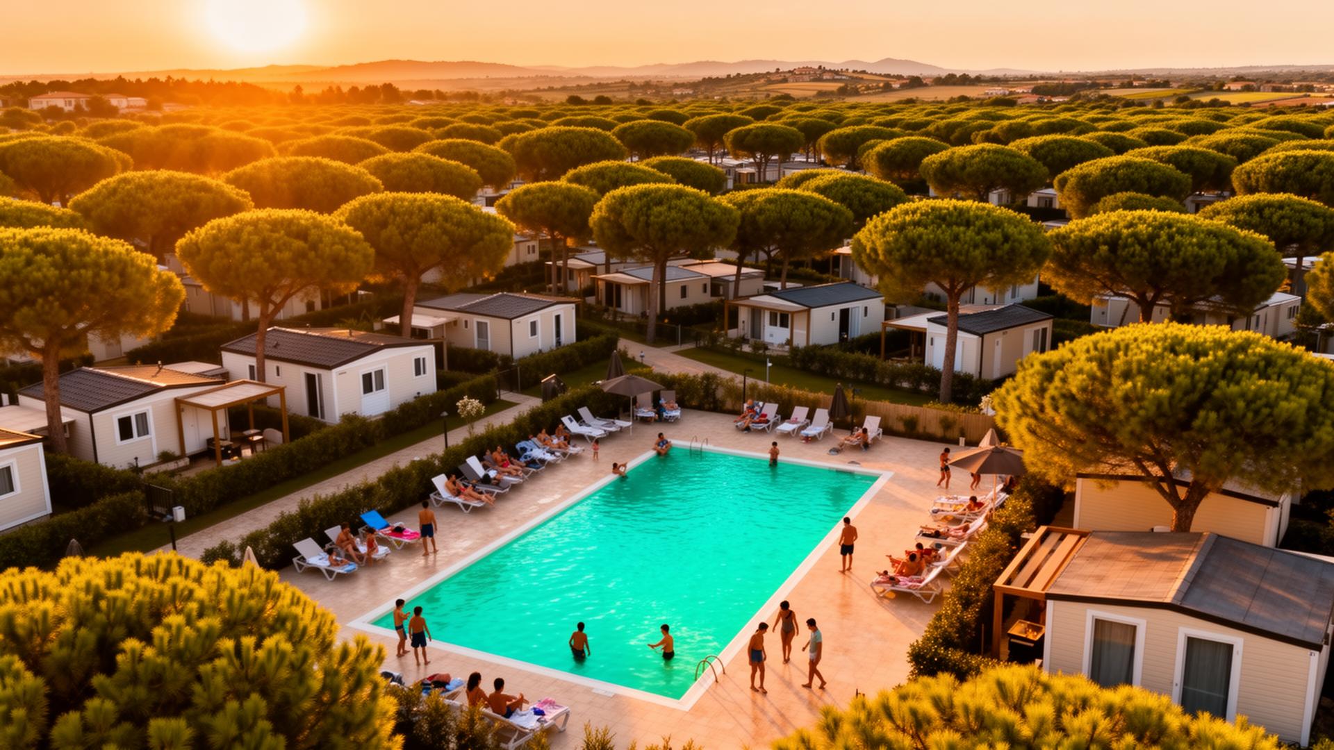 Vista aerea di campeggio italiano con piscina al tramonto