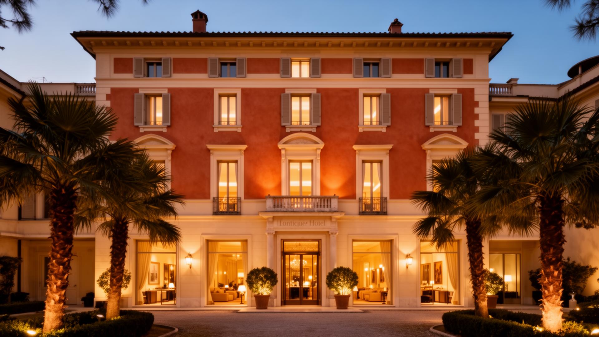 Facciata di hotel boutique italiano illuminato al tramonto