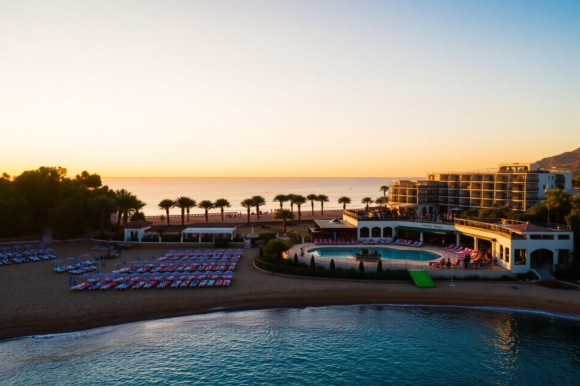 Resort italiano integrato con hotel, stabilimento balneare e ristorante al tramonto