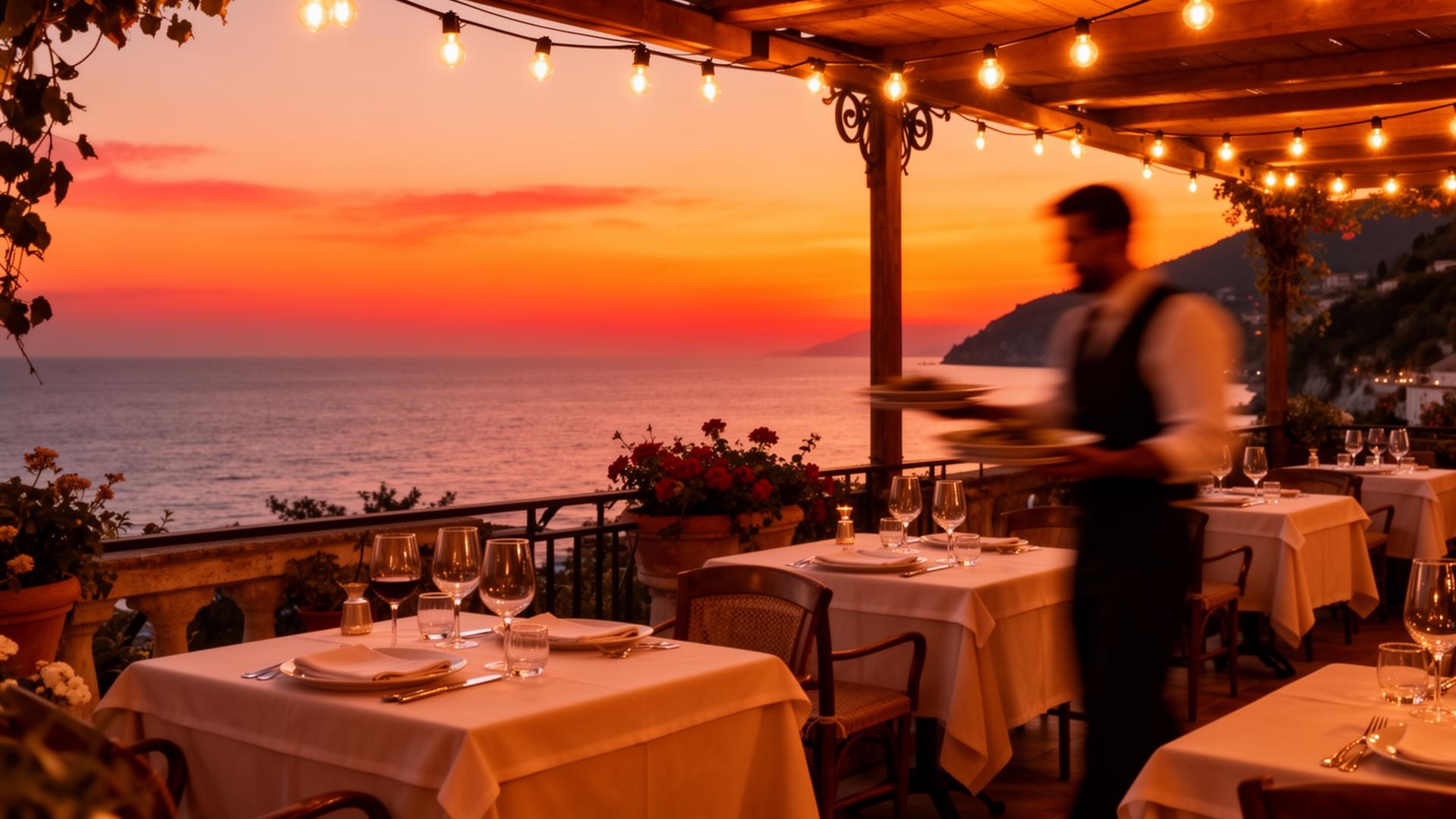 Terrazza di ristorante italiano sul mare al tramonto